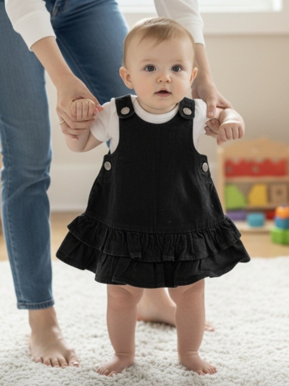 Gap Baby Black Denim Ruffle Pinafore Dress 3-6 Months